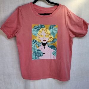 Bijou Karman Womens Sz Large Pink Blond Graphic T Shirt Short Puff Sleeve Cotton